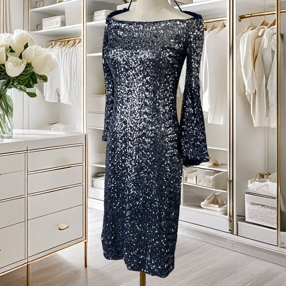 THEIA Midnight Sequin Sheath Dress in Size 10 Fully Lined - Picture 5 of 12